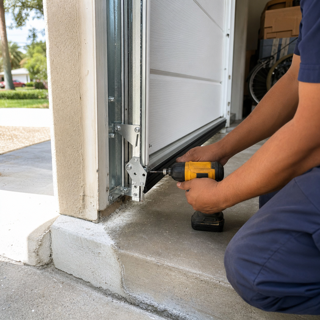 Technician installing garage door bottom seal with a drill