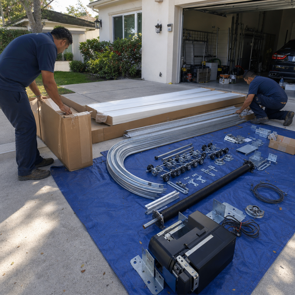 Garage door installation components laid out for assembly