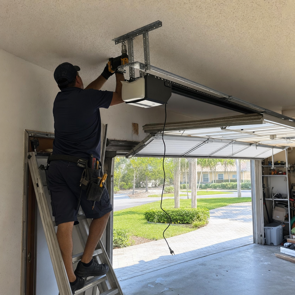 Technician installs garage door opener on ceiling track