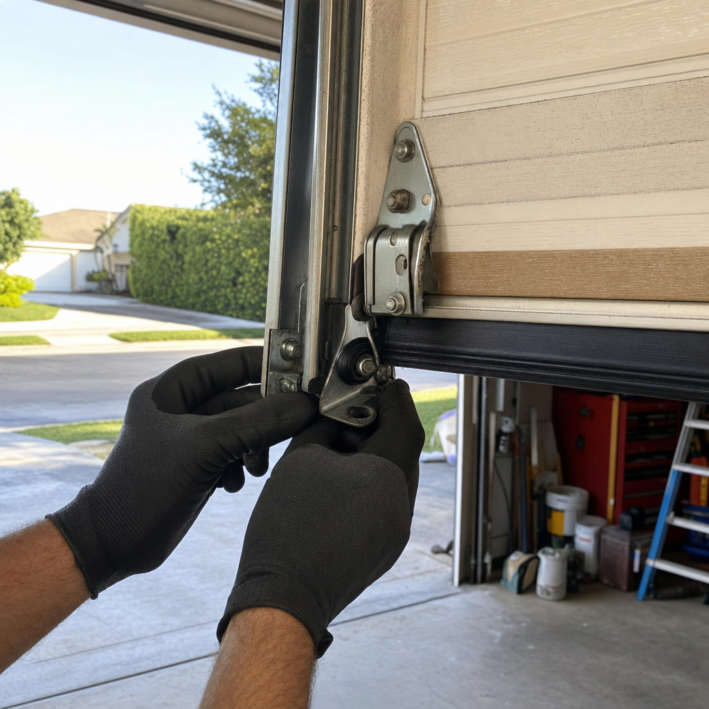 Garage door parts being worked on by a professional.