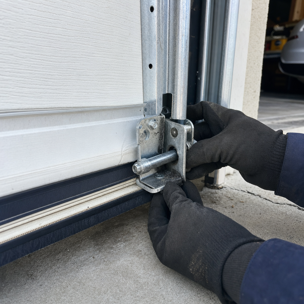 Gloved hands adjusting garage door hardware
