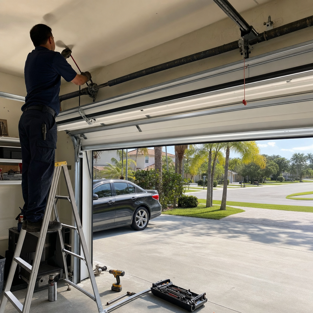 Garage door repair technician working on torsion spring