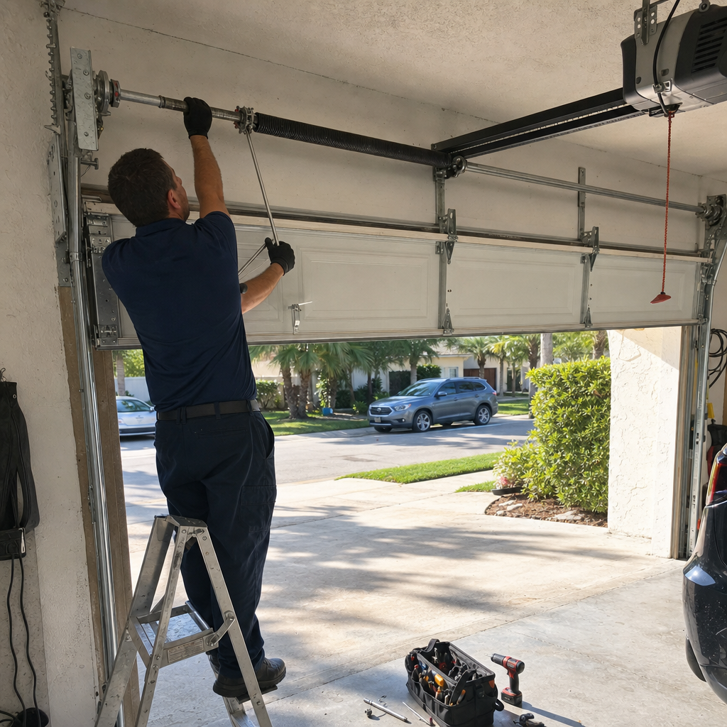 Garage door technician repairing torsion spring system