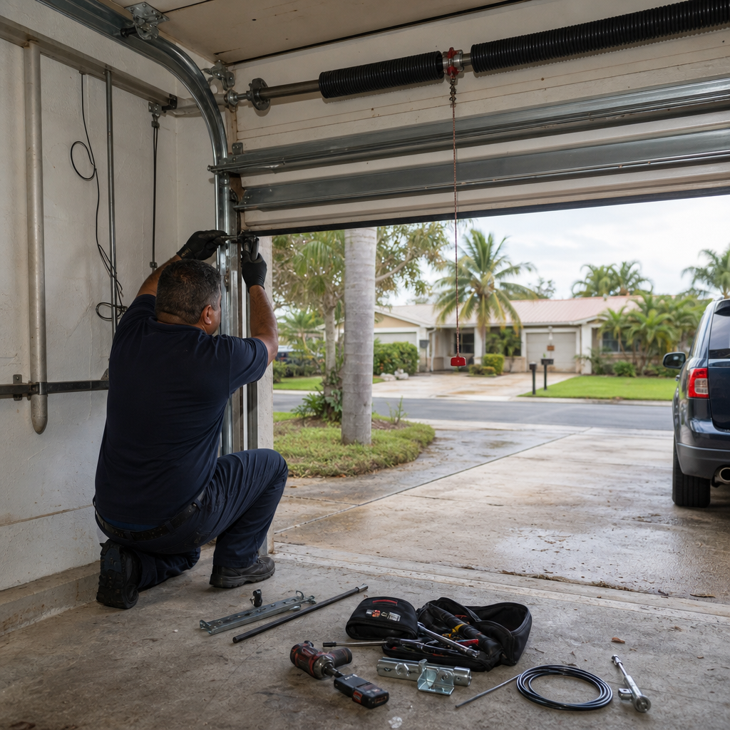Garage door technician performing emergency garage door repair. in Boca Raton, FL