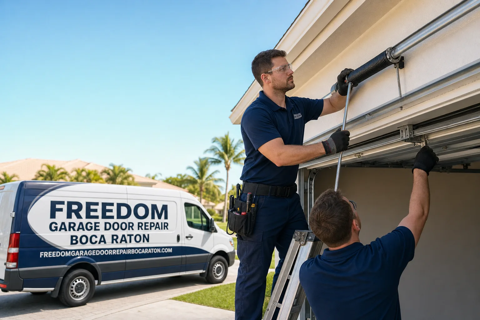 Freedom Garage Door Repair Boca Raton service vehicle and crew in Boca Raton, FL